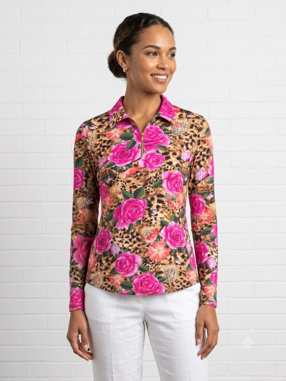IBKUL Pink Floral & Leopard Zip-Front Long Sleeve Polo